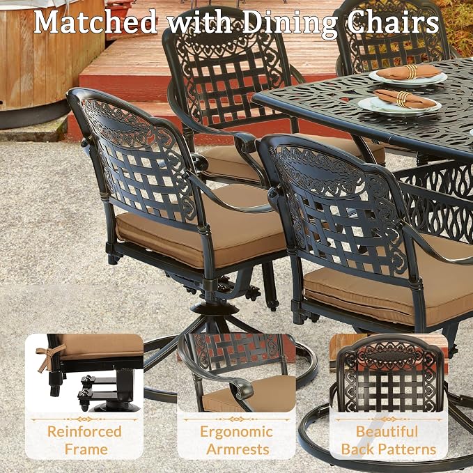 9 Piece Outdoor Patio Dining Set for 8, Cast Aluminium Large Square Dining Table & 2 Swivel Rocker Chairs, 6 Stationary, 8 Cushions, Umbrella Hole, Patio Furniture Set for Garden, Khaki
