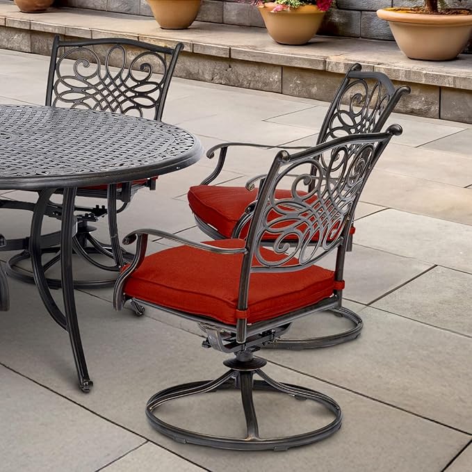 Hanover Traditions 7-Piece Patio Dining Set with 60" Round Cast-Top Table and Swivel Rockers with Autumn Berry Cushions, Patio Dining Set for 6, Premium Weather Resistant Outdoor Dining Set