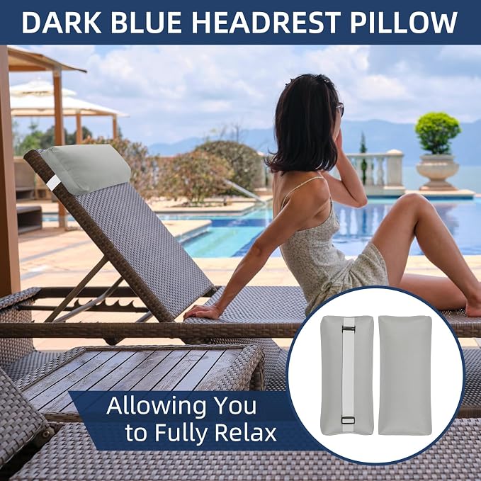 Large Headrest Pillow for Pool Chaise Lounge, 2 Pcs Gray Pool Lounge Pillows Outdoor with Elastic Band for Recliner and Pool Patio Chairs, Head Neck Support Pillow