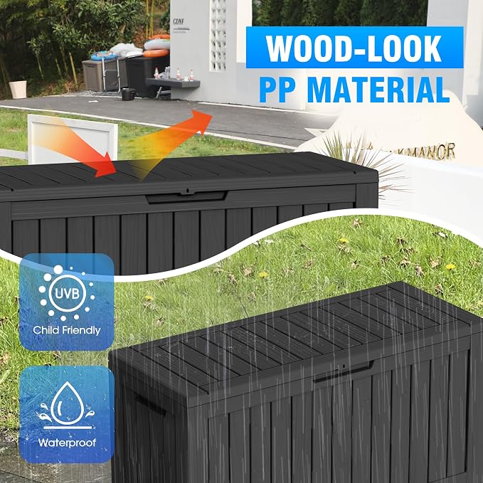 80 Gallon Deck Box Large Outdoor Storage for Patio Furniture,Outdoor Cushions,Garden Tools and Pool Supplies,Waterproof,Resin,Lockable(Black)