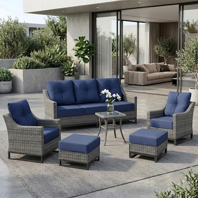 6 Piece Patio Furniture Set,Comfortable Seating Wicker Chairs Set of 2,Outdoor Side Tale and 2 Ottomans, Sofa, All-Weather Wicker Patio Set with 6 Inch Thick Cushions for Porch Deck Balcony Garden