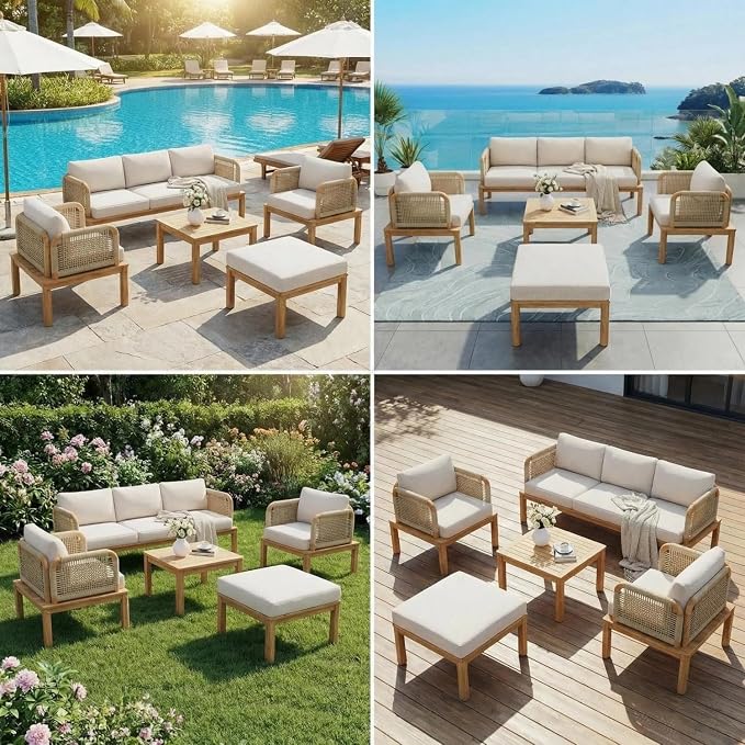 Patio Furniture Set of 5, Outdoor Sectional Furniture with Coffee Table and Ottoman, All-Weather Patio Conversation Set for Backyard, Garden and Poolside (Series A)