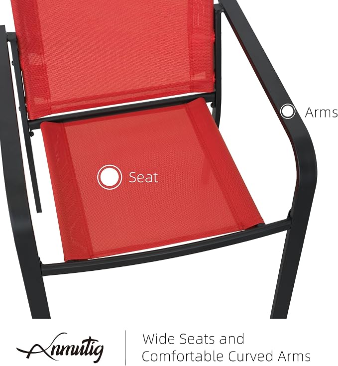 Patio 27.5" Square Table, Red Stacking Chairs Outdoor Small Dining Set of 3 | Stackable Chairs, Metal Square Table, Slat Table Top, 2 Person Use, All Weather, Textilene fabric Seat and Back