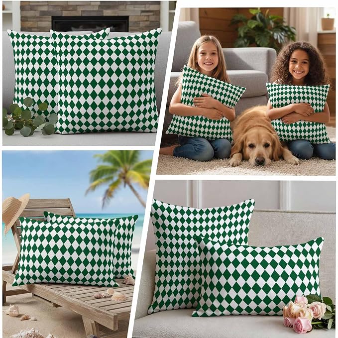 Outdoor Throw Pillow Cover Modern Green White Diamond Waterproof Cushion Covers 2 Pack Minimalist Geometric Plaid Pillow Cases Home Decoration for Patio Garden Couch Sofa
