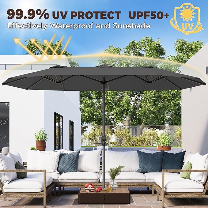 GDPFN 13FT Large Patio Umbrella, Outdoor Deck Standing Umbrella with Crank Handle, Double-Side Rectangular Pool Umbrella for Outside, Market, Patio, Dark Gray (Base Not Include)