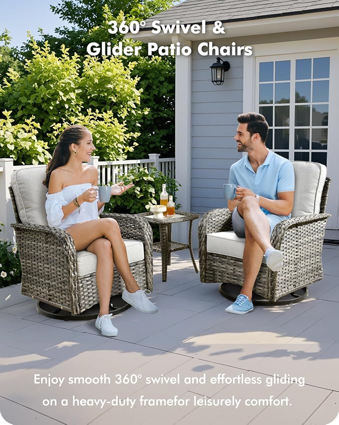 CAODOC 8-Piece Wicker Patio Furniture Set, All-Weather Rattan Conversation Bistro Loveseat Chair and Patio Rockers Set for Backyard, Balcony and Deck with Soft Cushions and Metal Table(Grey)