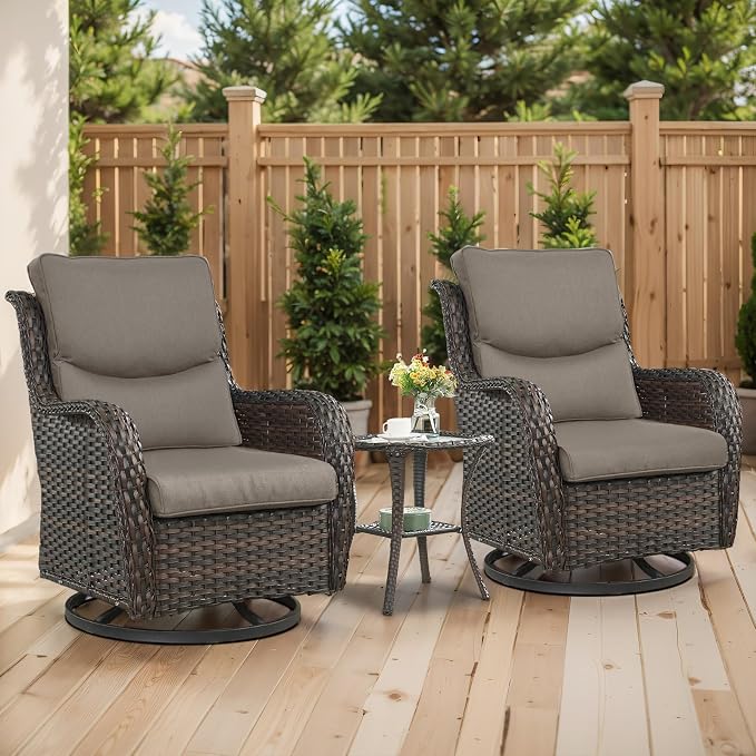 Outdoor Swivel Rocker Patio Chairs Set of 4 with Sofa - 5" Thick Cushion 4 Piece Furniture Set with Sofa All Weather Wicker Conversation Set for Porch Deck - Brown Wicker | Grey Cushions
