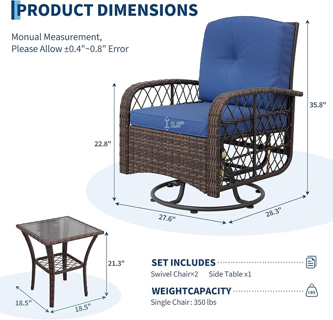 3 Pieces Patio Furniture Set, Outdoor Swivel Glider Rocker with Washable Cushions, Tempered Glass Tabletop Conversation Set for Deck, Porch, Balcony, Backyard, Garden, Brown & Blue