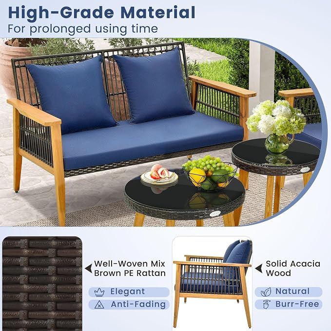 Tangkula 5 Piece Outdoor Conversation Set, Patiojoy Rattan Chair Set with 2 Coffee Tables, Stable Acacia Wood Frame, Cozy Seat & Back Cushions, Patio Wicker Furniture Set for Backyard, Poolside (Navy)