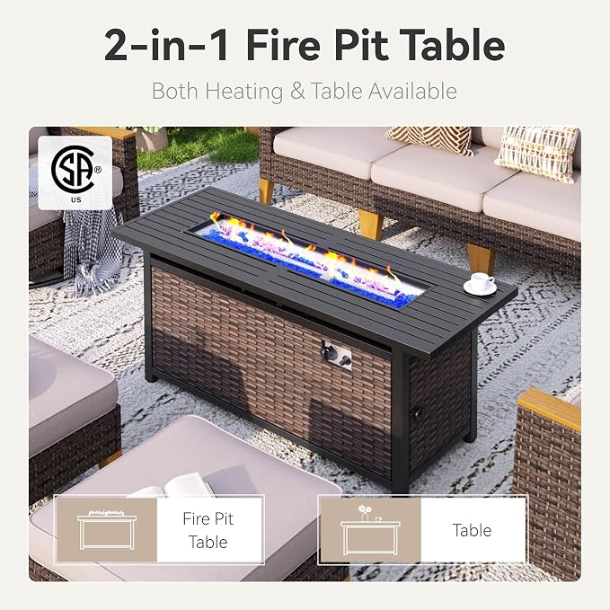GREEN PARTY 8 Pieces Wicker Patio Furniture Set with 56" Fire Pit Table, All-Weather Outdoor Rattan Patio Half-Moon Curved Sectional Sofa Conversation Set for Garden, Backyard, 2 x Swivel Chairs