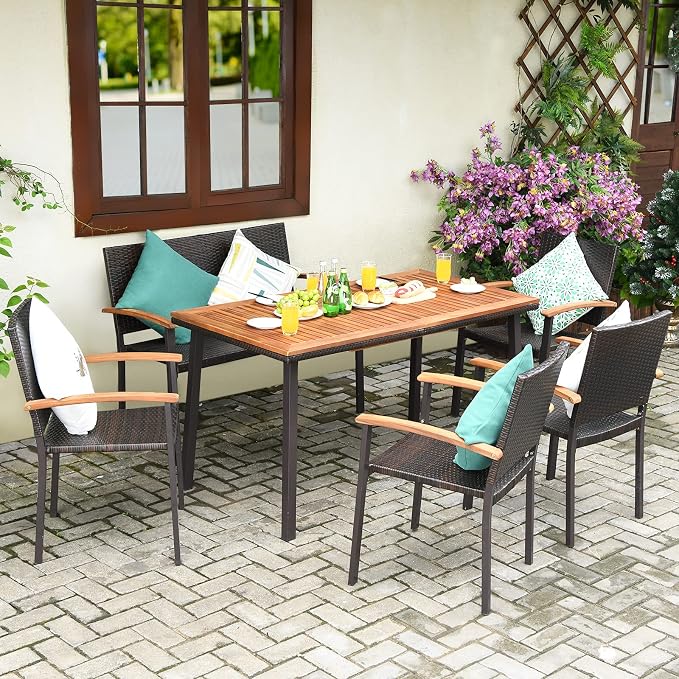 Tangkula 6 Piece Patio Dining Set, Outdoor Acacia Wood Dining Furniture w/Acacia Wood Table Top, Modern Conversation Set w/ 4 Rattan Chairs & 1 Rattan Bench for Backyard Garden Poolside Lawn