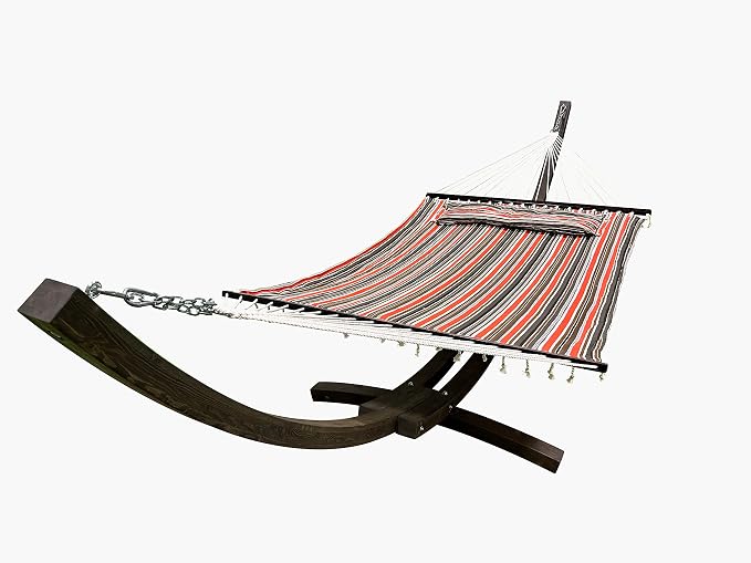 14 Ft. Wooden Arc Hammock Stand + Deluxe Quilted Double Padded Hammock Bed w/Pillow. 2 Person Bed. 450 LB Capacity(Coffee Stain/Elegant Fiesta Stripe)