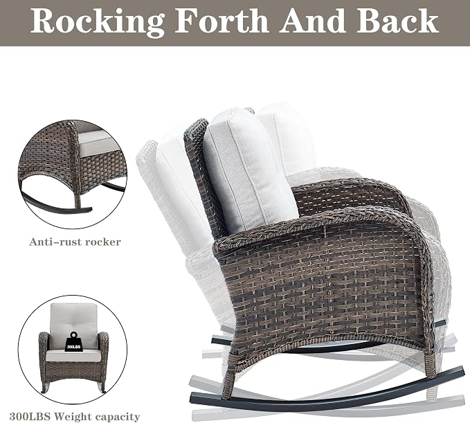 Belord Patio Rocking Chairs Furniture Set of 6, Outdoor Wicker Furniture Sets with Wicker Rocker, Small Patio Conversation Sets with Outdoor Couch Ottomans Brown/Beige