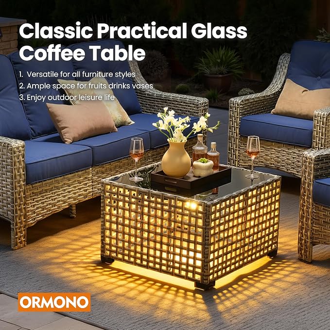 4 PCS Patio Conversation Set, All-Weather High Back Wicker Outdoor Patio Furniture Sets with Two Single Chairs, Solar Light Coffee Table,Outside Furniture for Porch Backyard Balcony,Navy Blue