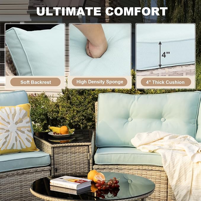 MEISSALIVVE 9-Piece Half-Moon Curved Outdoor Patio Furniture Set, Sectional Conversation Sofa with 2 Swivel Glide Chairs, Round Coffee Table for Backyard Deck Garden, Blue