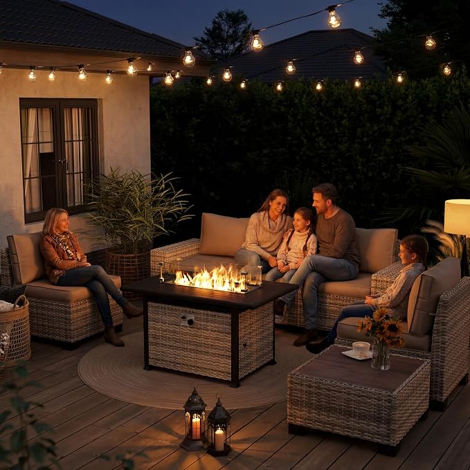 7-Piece Outdoor Patio Furniture Set with 55,000 BTU Fire Pit Table, PE Wicker Rattan Sectional Sofa Patio Conversation Set with Thickened Cushions & Coffee Table, Light Green