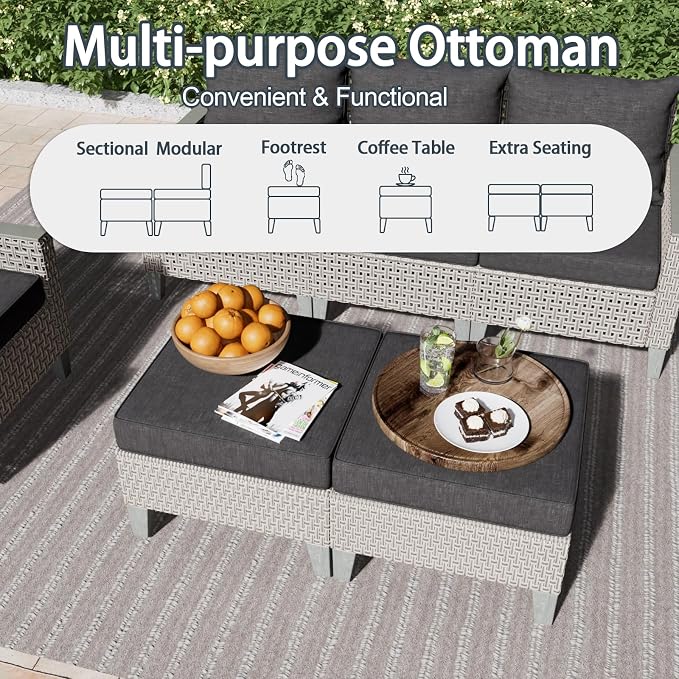 Outdoor Patio Furniture Set 7-Piece Modular Wicker Sectional Sofa with Ottomans and Thick Cushions, Modern Rattan Outdoor Conversation Couch for Garden Backyard, Black