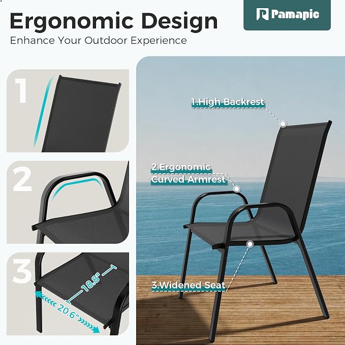 Pamapic Outdoor Dining Sets for 6, Rectangular Steel Slat Table with 6 Textilene Chairs, 7 Piece Patio Table and Chairs Set with Umbrella Hole for Patio, Backyard, Poolside (Black, No Umbrella)