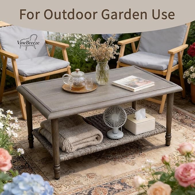 Coffee Table with Storage, PE Rattan Top & Durable Frame, Outdoor Coffee Table Rectangular, Outdoor Patio Table for Balcony Porch Garden Supports 200 lbs, Handwoven Rectangle Design(42” x 23” x 18)