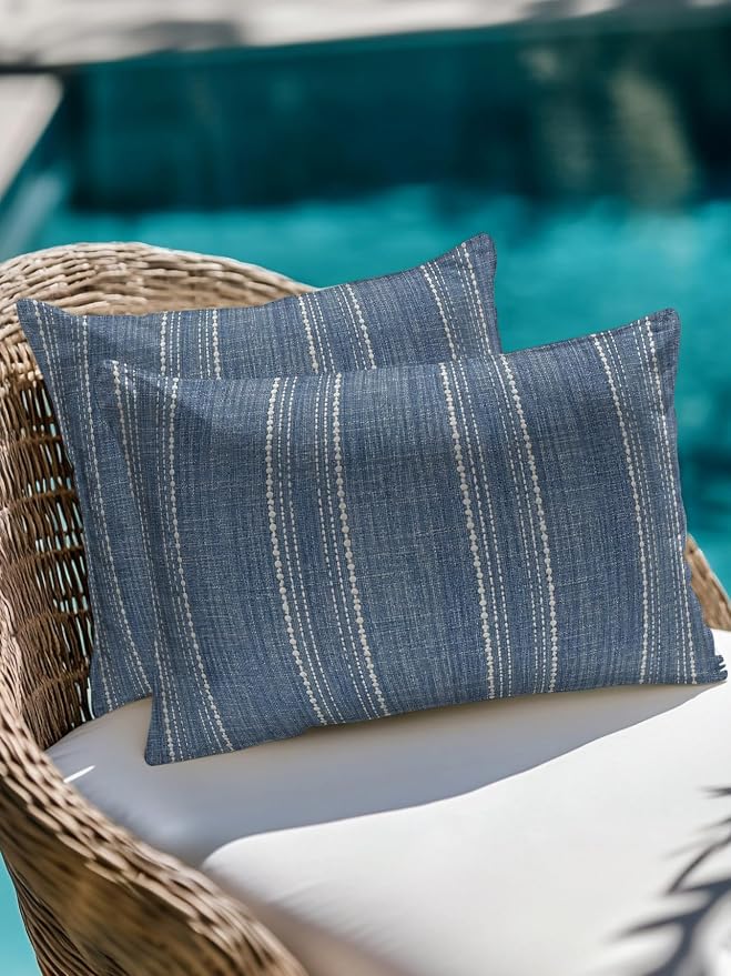 Waterproof Outdoor Pillow 1 Pack Denim Blue Linen Stripes Decorative Throw Pillows Cover & Insert 20x12 Inch Lumbar Pillowcase Parallel Vertical Lines Pillows for Couch Sofa Bed Patio Furniture