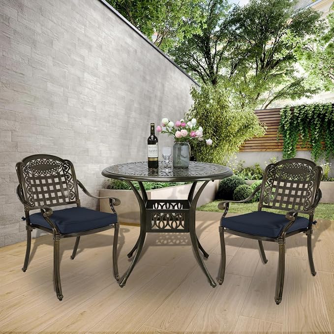 MEETWARM 3 Piece Patio Bistro Set, Outdoor All-Weather Cast Aluminum Dining Furniture Set Includes 2 Chairs with Cushions and a 35.4” Round Table with Umbrella Hole for Garden Deck, Navy Blue
