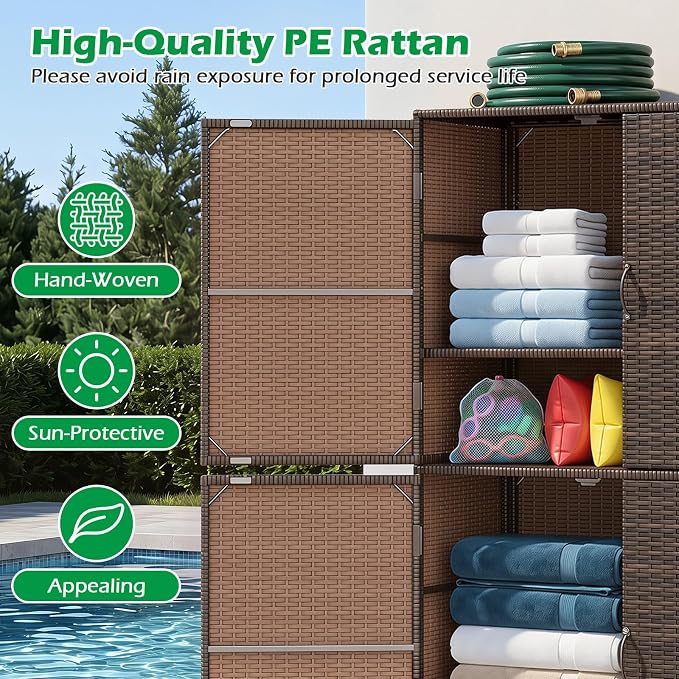Tangkula Rattan Outdoor Storage Cabinet with 2 Adjustable Shelves | Patiojoy Outdoor Cabinet with Adjustable Shelves, 4 Doors, Patio Storage Deck Box Table for Patio Garden Poolside, Mix Brown