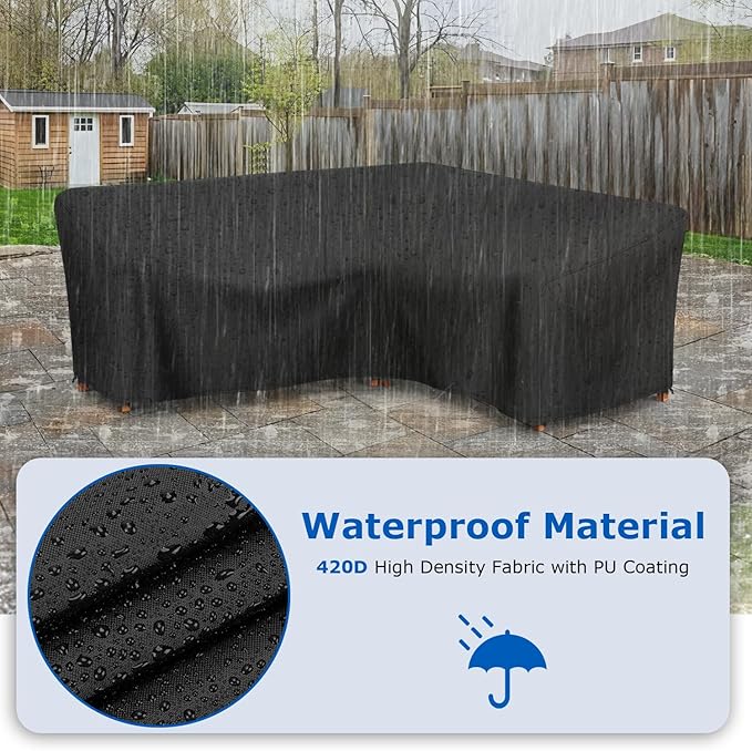 SunPatio Outdoor Sectional Sofa Cover, 420D Waterproof V-Shaped Furniture Couch Covers with Drawstrings and Straps, All Weather Protection, 100" W (on Each Side), Black