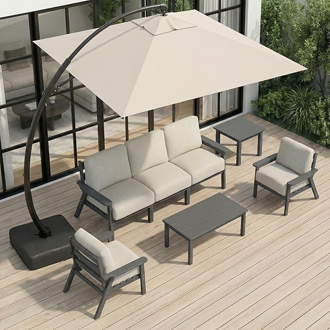 HDPE Patio Furniture Set 5 Seats with Cantilever Umbrella, Outdoor Couch with Washable Thick Beige Cushions & Tables, Outdoor Sectional Furniture for Deck, Lawn, Porch (Gray Frame)