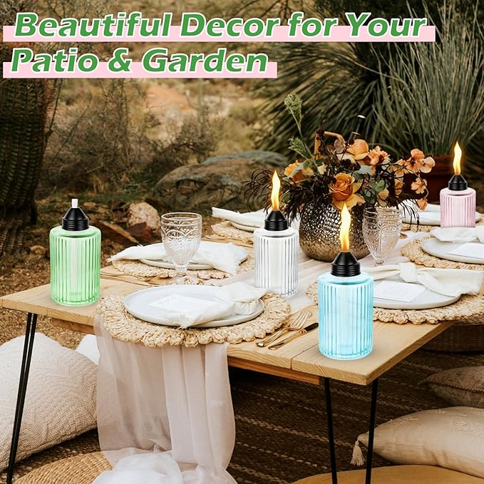 4 Pack Glass Table Top Torches, 12oz Citronella Outdoor Torches Flame Light Torch with Wick & Cap, Multicolor Refillable Flame Landscape Lanterns for Patio Yard Garden Party Decor