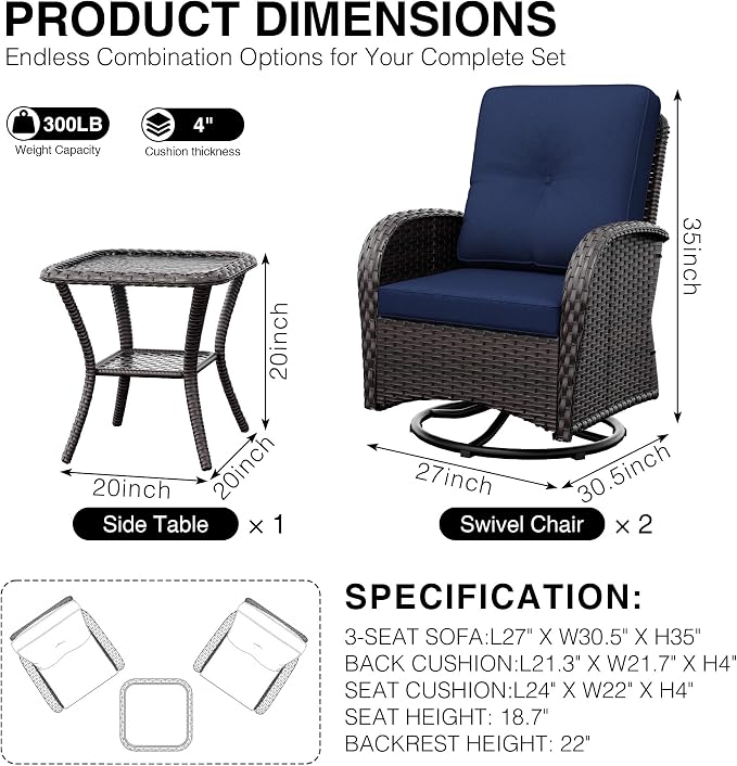 Joyside Outdoor Swivel Rocker Chairs, 3 Piece Wicker Patio Set with Thickened Cushions, High Back, Deep Seating, Wide Armrest, Outdoor Swivel Chairs for Porch, Deck