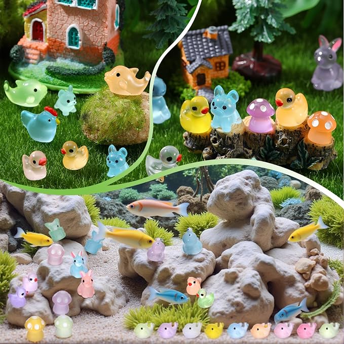 190PCS Luminous Mini Resin Ducks Tiny Glow in The Dark Duck Chickens Rabbit Frogs Dolphin Mushroom Puppy Resin Miniature Animals for Landscape Dollhouse Garden Decoration
