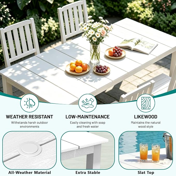 PLUUV 5-Piece Outdoor Dining Set – HDPE Patio Furniture with Aluminum Table, Umbrella Hole, and 4 Armless Chairs, All-Weather Resistant for Garden & Backyard, White