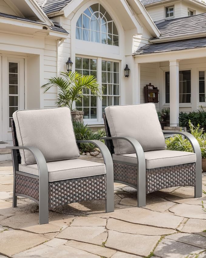 HUMMUH Outdoor Wicker Patio Chairs Set of 2-High Back Patio Dining Chairs Outdoor Patio Chairs for Deck Porch Lawn Garden Backyard-Brown/Beige