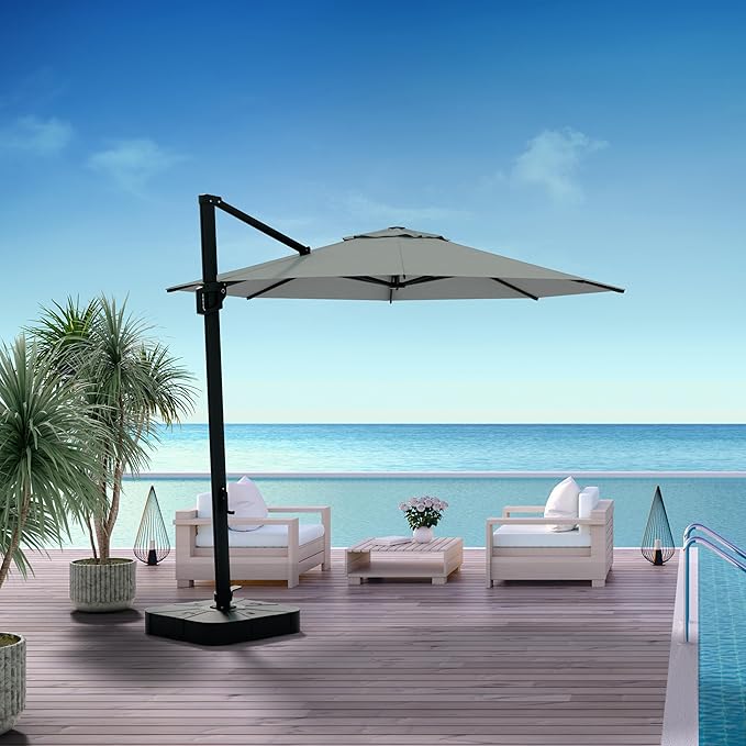 Midtown Umbrellas 10 Ft Outdoor Cantilever Patio Umbrella w/Terylast Matter Grey Fabric - Rotate Tilt 360° Offset Patio Umbrella, Deck Patio Umbrella, Backyard Umbrella & Garden Umbrella - Black Frame