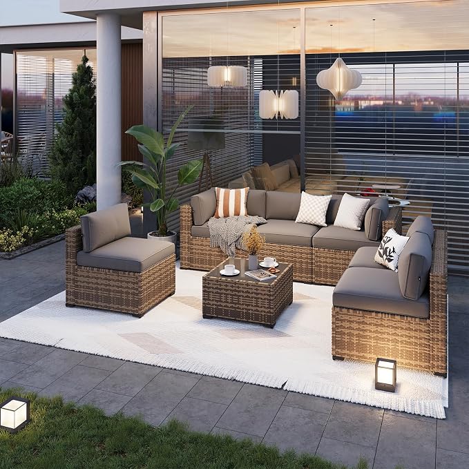 Aoxun Patio Furniture Sets, 7-Piece Outdoor Patio Furniture with Thick Cushions, Wicker Outdoor Conversation Set Sectional Sofa for Backyard, Poolside, Garden (Included Waterproof Cover