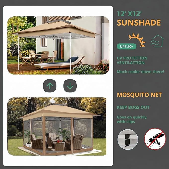 COBIZI 12x12 Pop Up Gazebos On Clearance - Upgrade Easy Up Metal Outdoor Gazebo Waterproof - Portable Gazebo with Mosquito Nettings, 4 Ropes 8 Stakes and Carry Bag for Patio Garden(Coffee)