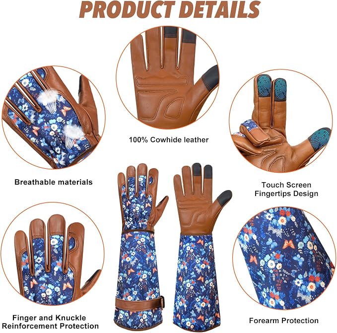 DLY Garden Gloves for Women,Gardening Gloves,Garden Gift for Lady,Brown,S | Thornproof Cowhide Palm, Foam-Padded Grip, Long Blue Floral Print Cuff, 3-Finger Touchscreen, Pruning, Planting & Yard Work
