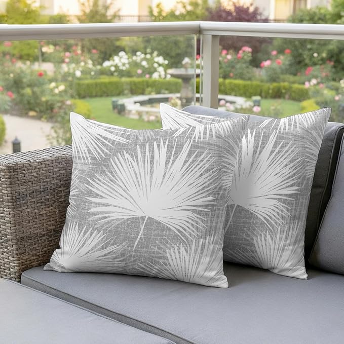 Throw Pillow Covers 24x24 Inch Set of 2, Grey Palm Leaves Coastal Waterproof Outdoor Pillow Covers, Summer Tropical Botanical Boho Decorative Cushion Pillowcases for Couch, Sofa, Bed, Garden, Patio