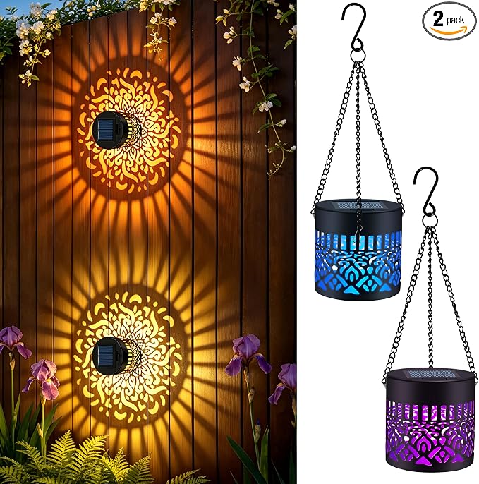 2 Pack Solar Fence Lights Outdoor, Metal Solar Powered Wall Deck Step Light | Mandala Theme, Hanging LED Waterproof Decorative Lighting for Garden Patio Backyard Post Decor, 7 Colors