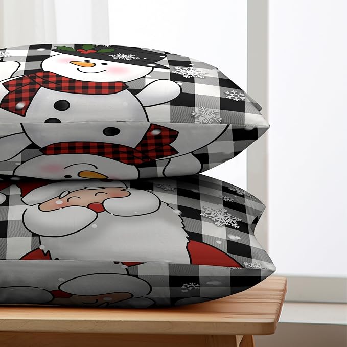 Christmas Santa Lumbar Pillow Covers 12x20 Set of 2 Snowman and Xmas Santa Rectangle Cushion Case Christmas Black Buffalo Plaid Waist Throw Pillowcases for Living Room Bedroom Sofa