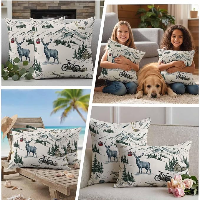 Mountain Cabin Outdoor Pillow Covers 20"x20" Set of 2, Winter Green Pine Tree Wooden House Cabin Waterproof Throw Pillow Covers for Patio Furniture, Decorative Cushion Covers for Porch
