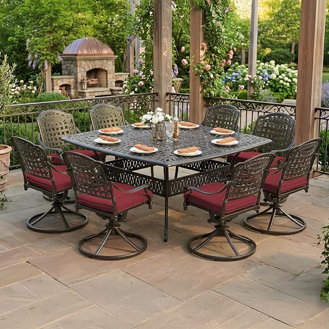 VIVIJASON 9-Piece Outdoor Dining Furniture Set, Cast Aluminum Patio Table & Chairs Set for 8, Include Large 64" Square Dining Table and 8 Swivel Rocker Chairs with Umbrella Hole, Red