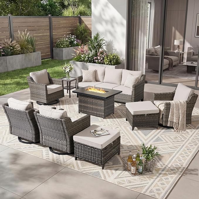 Outdoor Furniture Set of 9, Patio Sofa with Luxury 4" Cushion, Wicker Swivel Rocker Patio Chairs, and Fire Pit Table, High Back&Deep Seat for Garden Deck Porch Balcony Backyard - Beige