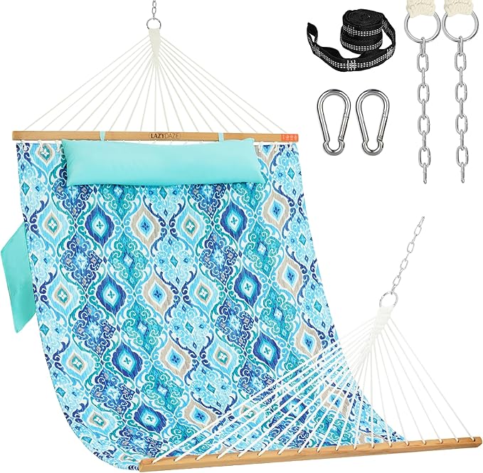 Lazy Daze Hammocks 10.5FT 2 Person Double Quilted Fabric Hammock with Spreader Bar, Detachable Pillow, Side Pocket, Carabiners, Chains, Straps for Outdoor, 450lbs Capacity, Floral Auqa