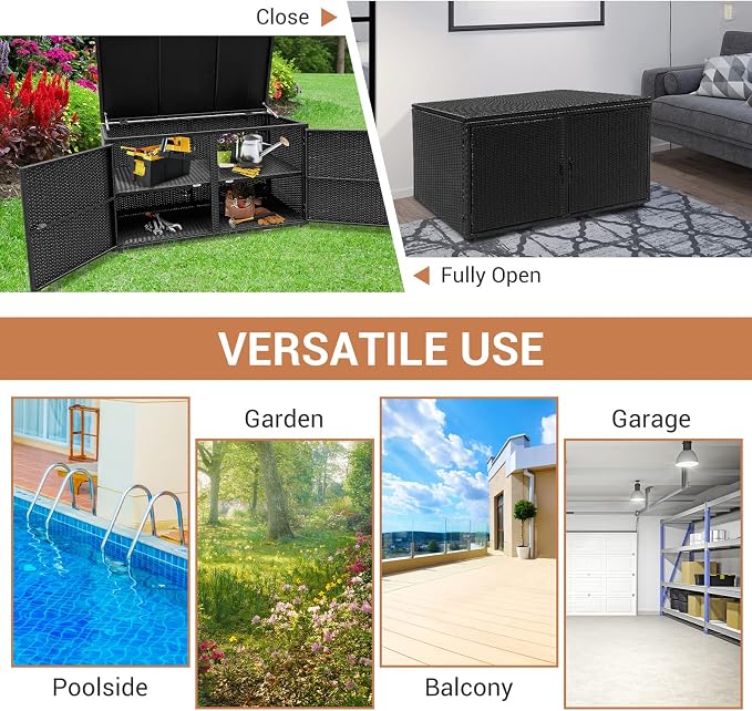 RELAX4LIFE PE Wicker Storage Box - Outdoor 88 Gallon 2-Tier Deck Box for Patio Furniture Toys Storage w/Lid & Front Doors, All Weather Rattan Storage Bin for Backyard Garden Poolside Porch (Black)