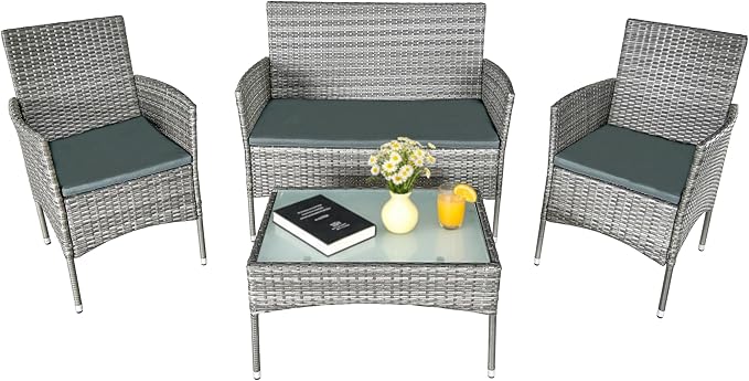 GIANGSUNNY 4 Piece Patio Furniture Set, Outdoor Hand-Woven Wicker Rattan Conversation Set with Double-Sided Tempered Glass Table, Weather-Resistant Seating for Patio, Balcony, Porch, Garden (Grey)