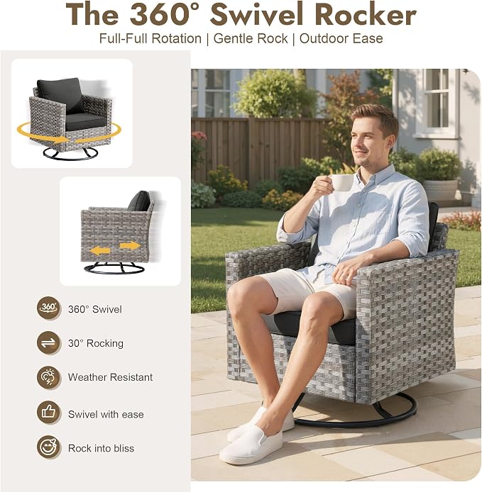 10 Pieces Outdoor Patio Sectional, Wicker Patio Furniture Set with 42 inch Fire Pit Table, All-Weather L Shaped Patio Conversation Set with Swivel Chairs, for Backyard Porch Yard,Black