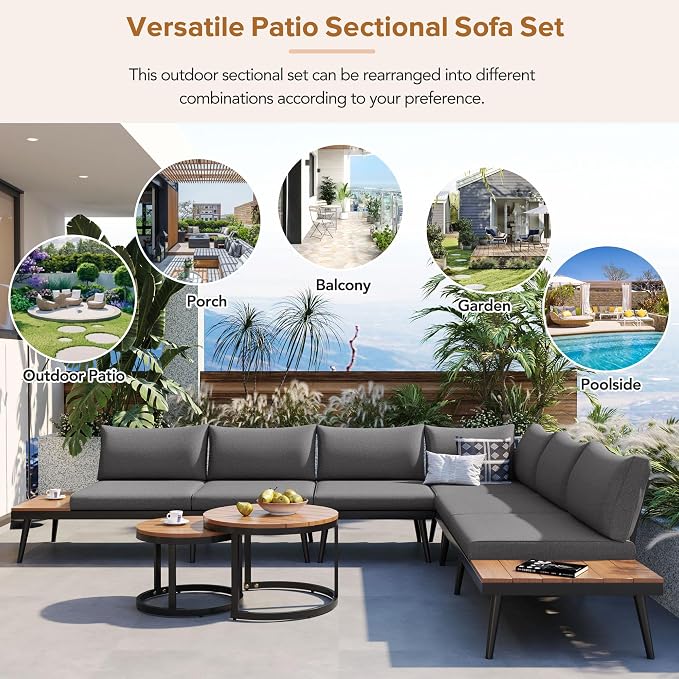 6-Piece Metal Outdoor Sectional Sofa Set with Round Nesting Coffee Tables, L-Shaped Patio Furniture Set Seating Sofa with Cushions for Patio, Porch and Garden, Gray