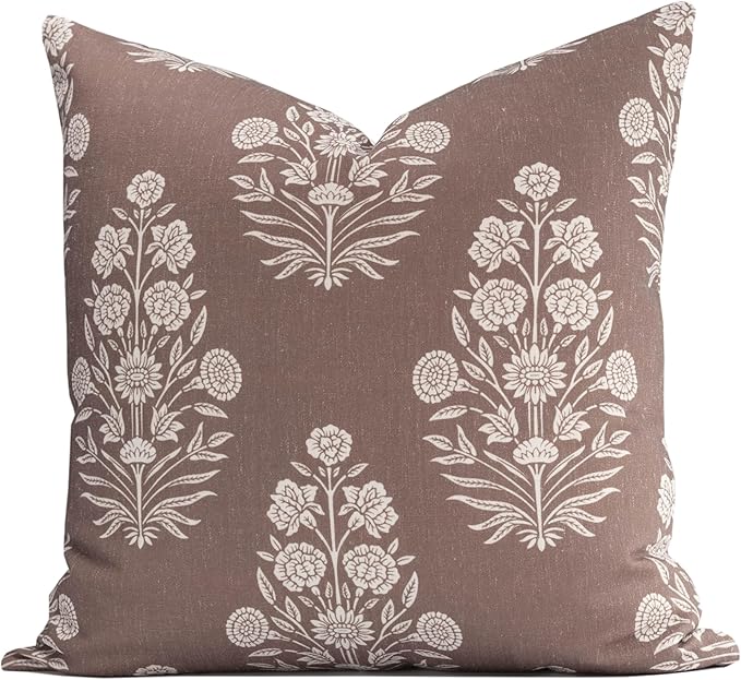 Modern Farmhouse Fall Linen Indoor Outdoor Throw Pillow Cover Only, 20"x20" Water Repellent for Patio, Backyard, Couch, Cocoa Brown Ivory Cream Floral