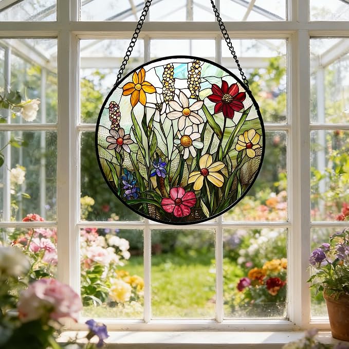 DASTOLL Stained Glass Window Hanging, Colorful Wildflowers Plant Scenery Suncatcher for Doors Window Home White Green Sun Catchers Decor Mother's Day Birthday Gifts for Women, Men Mom 7.8 in